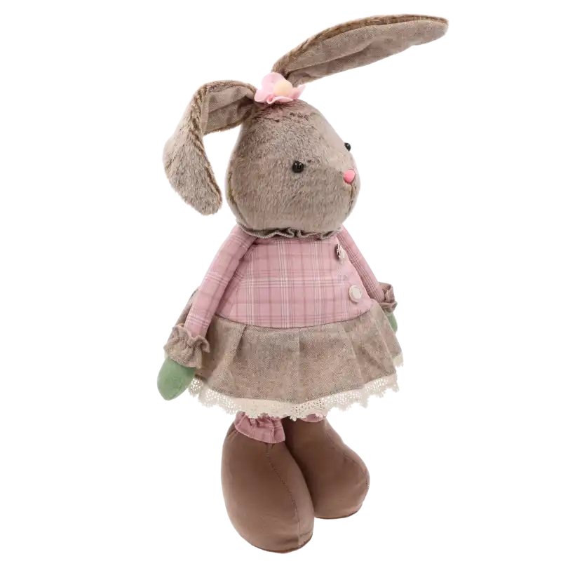 Zając wielkanocny dziewczynka o regulowanej wysokości 60-85 cm. Figurka z miękkich materiałów w sukience, widok z boku.