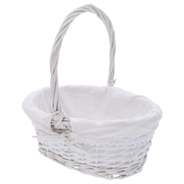 Biały kosz wiklinowy – koszyk wielkanocny, kosz na owoce z materiałem, kosz na prezent wiklinowy, kosz piknikowy z wyściółką, Pepco Easter, Homla Spring, Home&amp;you Decor.