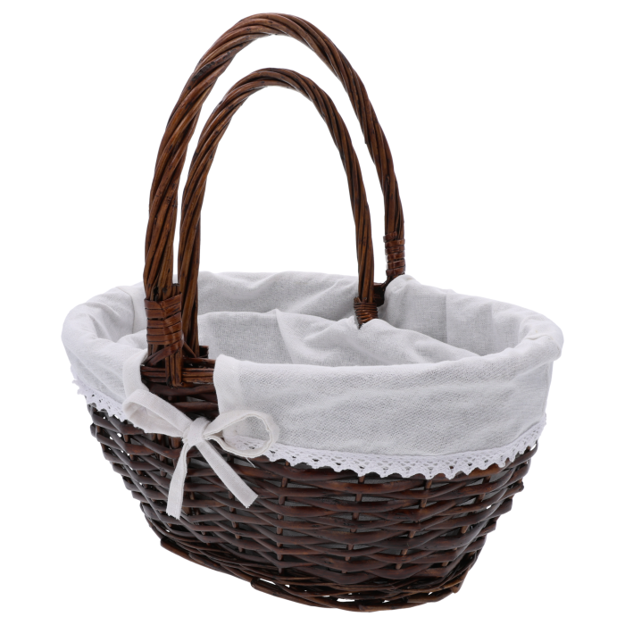 Kosze wiklinowe owalne ciemny brąz na prezenty, koszyki wielkanocne z materiałem, kosze do przechowywania wiklinowe, kosze na święta, Sinsay Home, Action Decor, Dealz Easter.