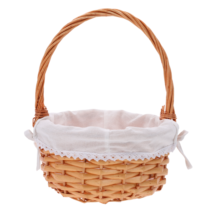 Okrągły kosz wiklinowy jasny brąz, koszyk na święconkę z materiałem, kosze do stroików, kosz wielkanocny, Pepco Home, Homla Design, Home&amp;you Easter.