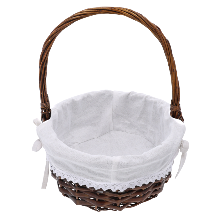 Kosz wiklinowy okrągły ciemny brąz na prezenty, koszyk wielkanocny z materiałem, kosz do przechowywania wiklinowy, kosze na święta, Sinsay Home, Action Decor, Dealz Easter.