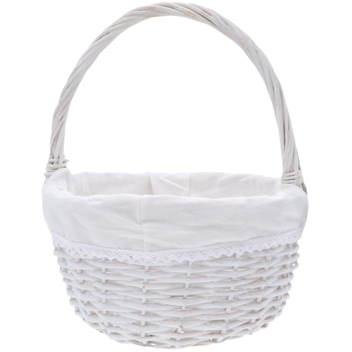Kosz wiklinowy okrągły biały na prezenty, koszyk wielkanocny z materiałem, kosz do przechowywania wiklinowy, kosze na święta, Sinsay Home, Action Decor, Dealz Easter.