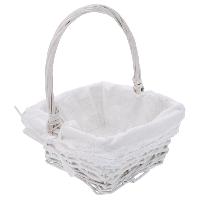 Kosz wiklinowy kwadratowy biały na prezenty, koszyk wielkanocny z materiałem, kosz do przechowywania wiklinowy, kosze na święta, Sinsay Home, Action Decor, Dealz Easter.