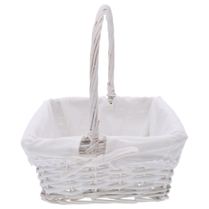 Kosz wiklinowy kwadratowy biały na prezenty, koszyk wielkanocny z materiałem, kosz do przechowywania wiklinowy, kosze na święta, Sinsay Home, Action Decor, Dealz Easter.