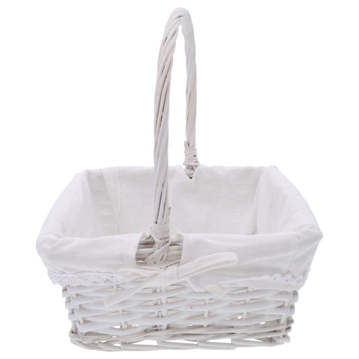 Kosz wiklinowy kwadratowy biały na prezenty, koszyk wielkanocny z materiałem, kosz do przechowywania wiklinowy, kosze na święta, Sinsay Home, Action Decor, Dealz Easter.