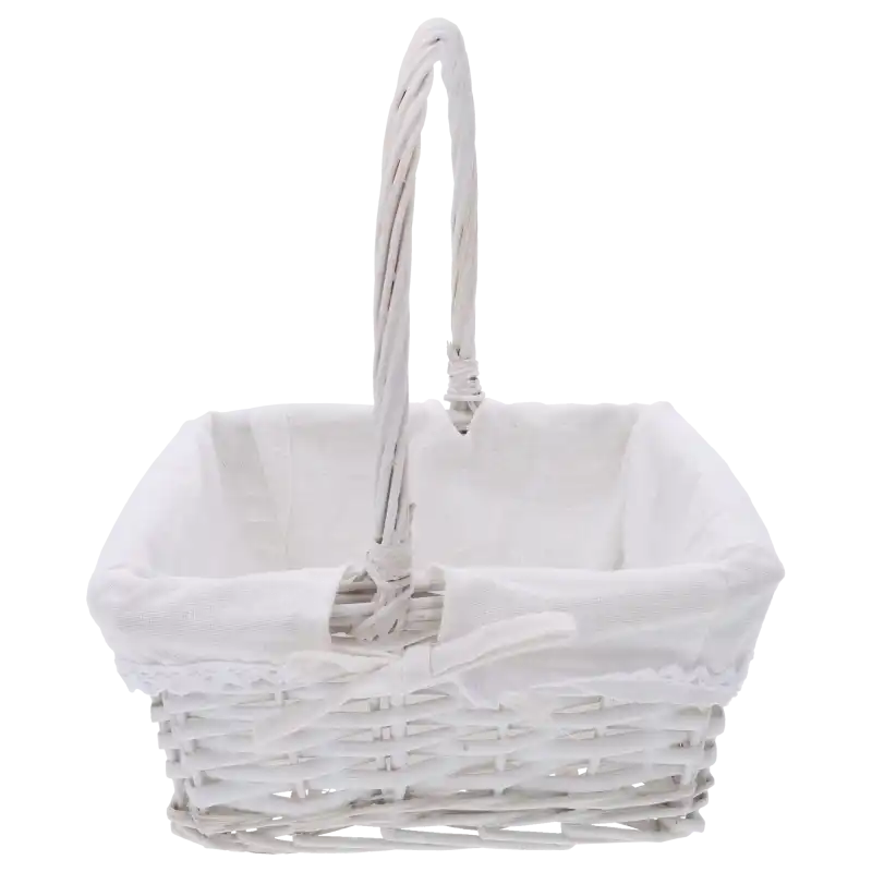 Kosz wiklinowy kwadratowy biały na prezenty, koszyk wielkanocny z materiałem, kosz do przechowywania wiklinowy, kosze na święta, Sinsay Home, Action Decor, Dealz Easter.