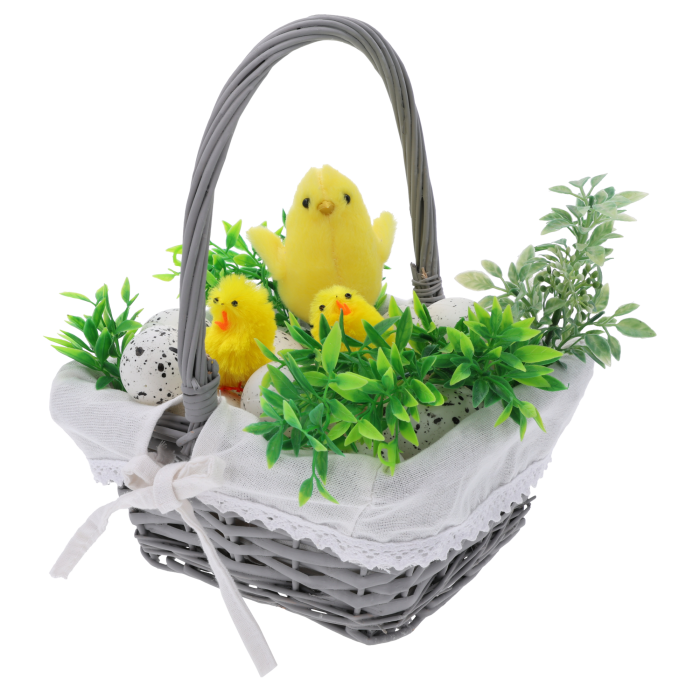 Kosz wiklinowy kwadratowy szary na prezenty, koszyk wielkanocny z materiałem, kosz do przechowywania wiklinowy, kosze na święta, Sinsay Home, Action Decor, Dealz Easter.