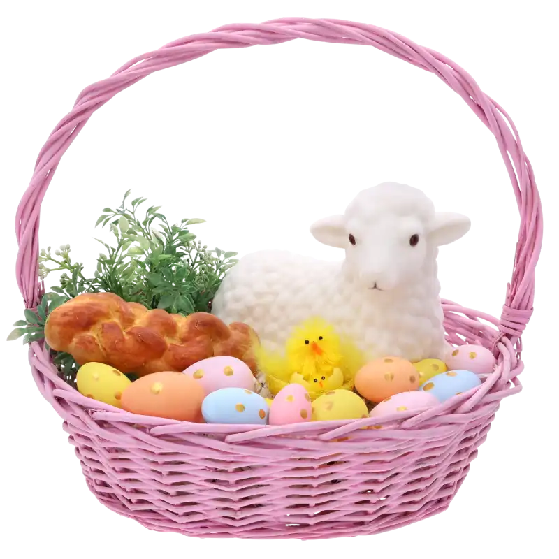 Owalny różowy kosz wiklinowy w rozmiarze L wypełniony wielkanocnymi dekoracjami, takimi jak baranek, pisanki i rośliny. Idealny na święconkę.