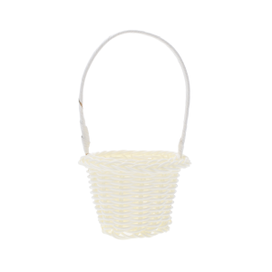 Zbliżenie na okrągły koszyczek ⌀ 9 cm wykonany z kremowego tworzywa. Widoczna struktura plecionki oraz rączka, które nadają mu lekki, dekoracyjny charakter, idealny do wiosennych wystrojów domu.