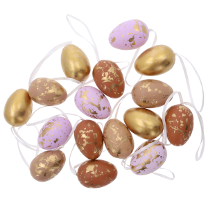 Zestaw 16 pisanek i jaj o wysokości 6 cm z ozdobnym pozłacanym wykończeniem. Mix kolorów na zawieszkach tworzy elegancką wielkanocną dekorację do domu.