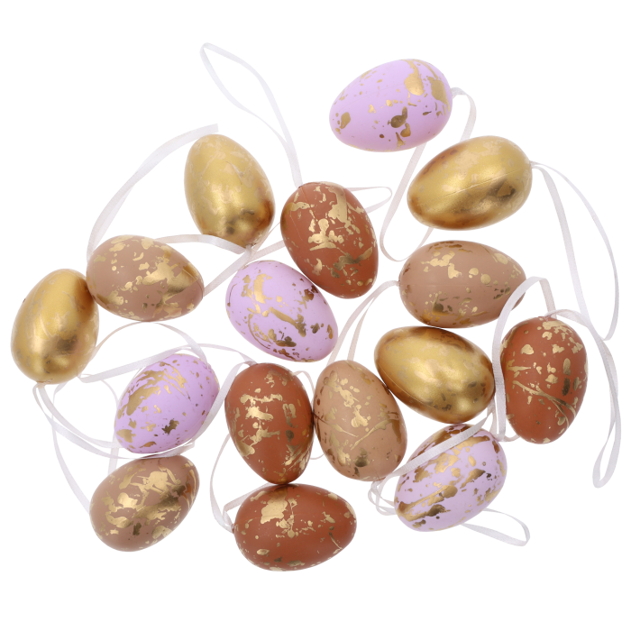 Zestaw 16 pisanek i jaj o wysokości 6 cm z ozdobnym pozłacanym wykończeniem. Mix kolorów na zawieszkach tworzy elegancką wielkanocną dekorację do domu.