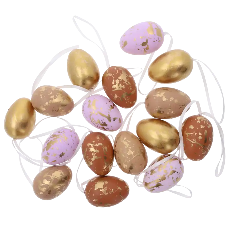 Zestaw 16 pisanek i jaj o wysokości 6 cm z ozdobnym pozłacanym wykończeniem. Mix kolorów na zawieszkach tworzy elegancką wielkanocną dekorację do domu.