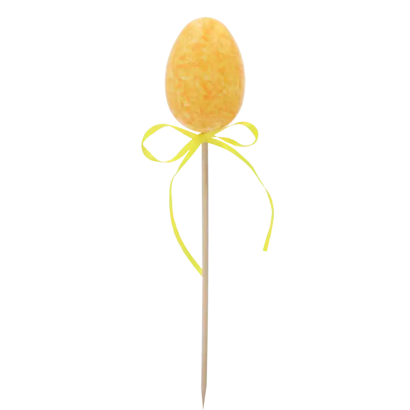 Pomarańczowa pisanka na piku 6 cm ozdobiona żółtą kokardką, klasyczny dodatek do wielkanocnego koszyka.