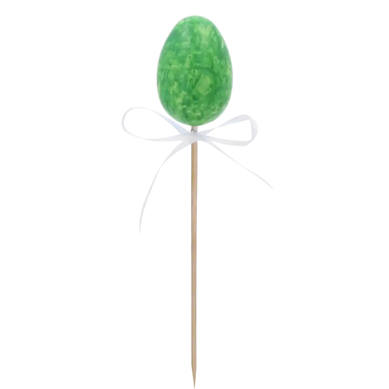 Zielona pisanka na piku 6 cm z białą kokardką, świetny element do wielkanocnych bukietów i stroików.