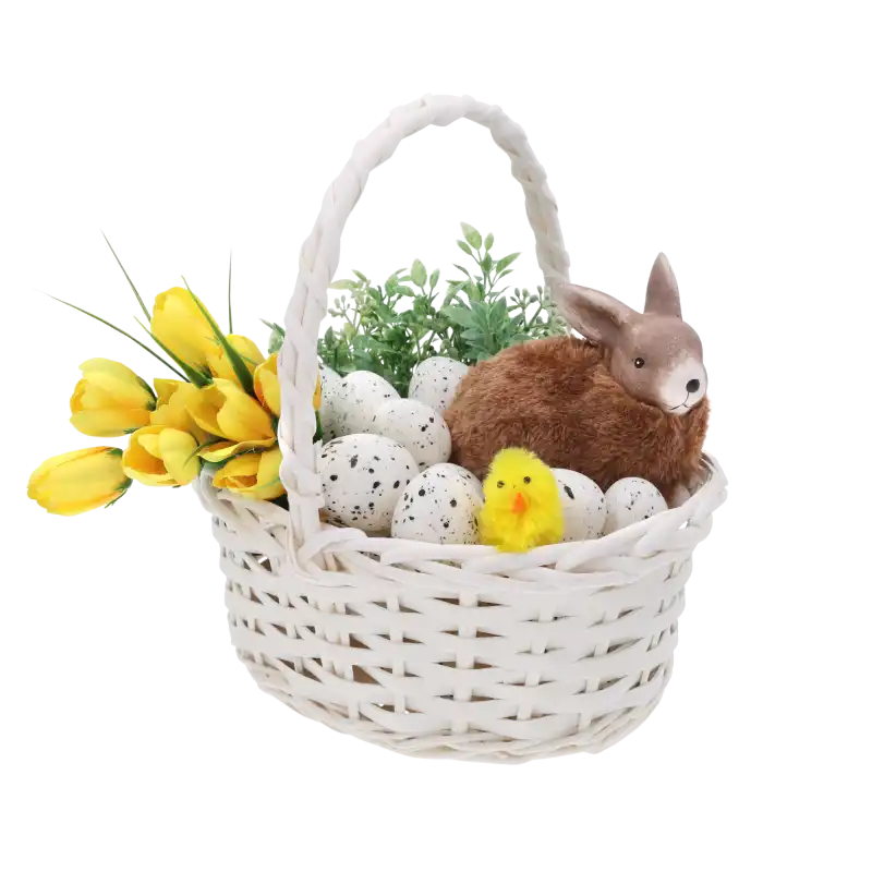 Biały owalny kosz wiklinowy w rozmiarze M wypełniony wielkanocnymi dekoracjami, takimi jak zajączek, jajka i żółte tulipany.