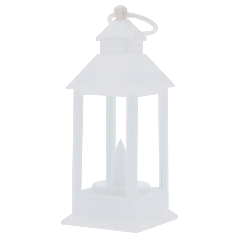 Biały lampion LED o wysokości 15 cm z praktycznym uchwytem. Elegancka dekoracja zasilana bateryjnie, idealna do salonu lub pokoju dziecka, zapewniająca nastrojowe, ciepłe światło.