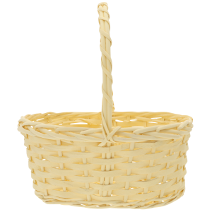 Zbliżenie na plecionkę żółtego owalnego kosza wiklinowego w rozmiarze L, widoczna struktura.