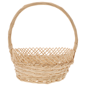 Pusty okrągły kosz wiklinowy w kolorze słomkowym o średnicy 25 cm, prezentujący tradycyjny splot przy krawędzi.