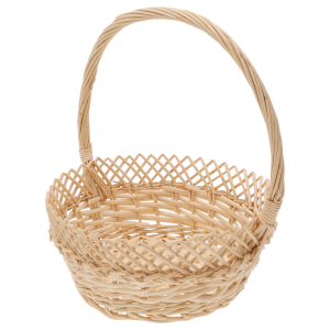 Prezentacja okrągłego kosza wiklinowego ⌀ 25 cm z profilu, ukazująca kształt rączki oraz ażurowy wzór przy brzegu.