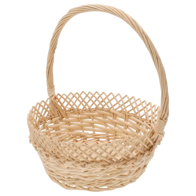 Prezentacja okrągłego kosza wiklinowego ⌀ 25 cm z profilu, ukazująca kształt rączki oraz ażurowy wzór przy brzegu.
