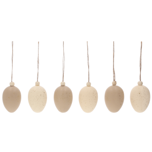 Zestaw 6 pisanek-zawieszek w naturalnych odcieniach brązu o wysokości 6 cm, każda z dekoracyjnym sznurkiem i paciorkiem.