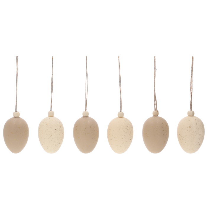 Zestaw 6 pisanek-zawieszek w naturalnych odcieniach brązu o wysokości 6 cm, każda z dekoracyjnym sznurkiem i paciorkiem.