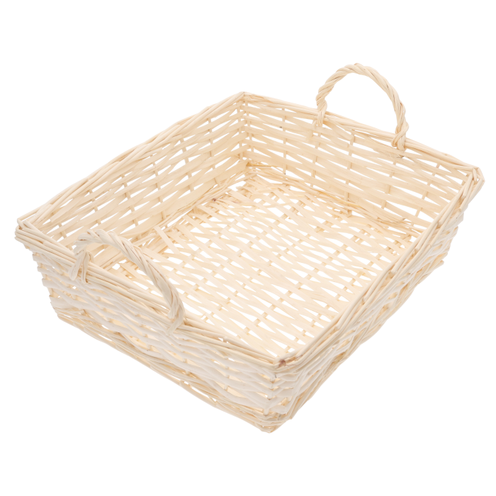 Naturalny wiklinowy kosz o wymiarach 33x37 cm z uchwytami, prezentowany z wysokiego kąta jako artykuły dekoracyjne.