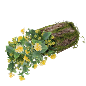 Kora z mchem 22x15 cm wykorzystana jako baza do kompozycji z żółtymi kwiatami. Naturalna dekoracja florystyczna.
