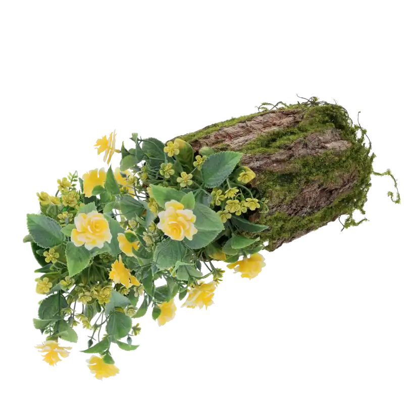 Kora z mchem 22x15 cm wykorzystana jako baza do kompozycji z żółtymi kwiatami. Naturalna dekoracja florystyczna.