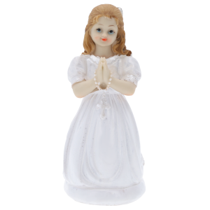 Figurka komunijna dziewczynka 16 cm w białej sukience z różańcem. Prezentacja produktu w pełnej okazałości z przodu.