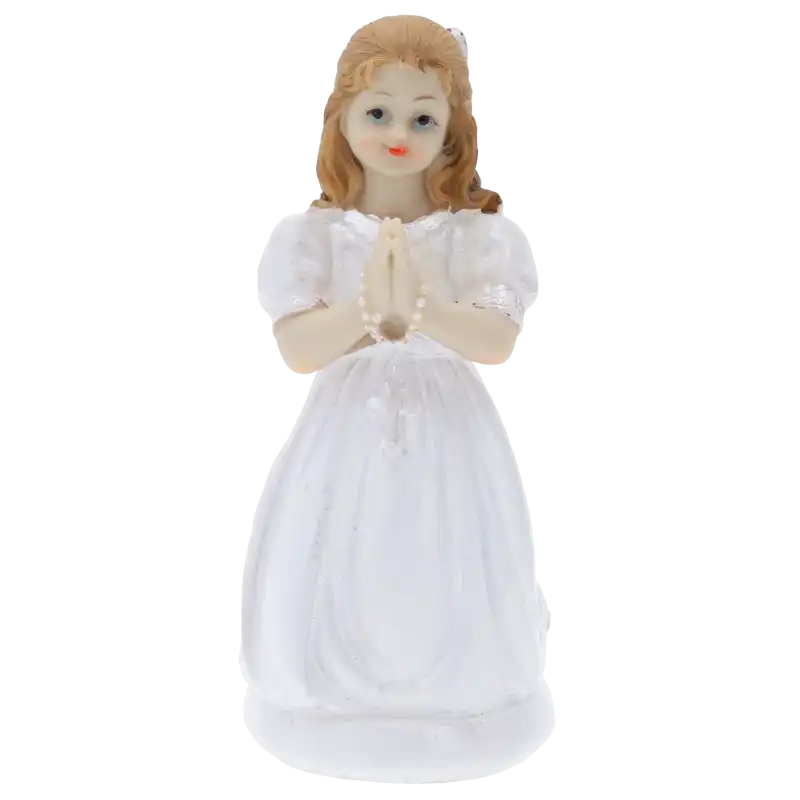 Figurka komunijna dziewczynka 16 cm w białej sukience z różańcem. Prezentacja produktu w pełnej okazałości z przodu.