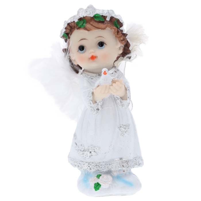 aniołek z gołębiem, biały aniołek z gołębiem, aniołek komunijny z gołębiem, figurka anioła z gołębiem, pamiątka komunii aniołek, prezent na chrzest aniołek, dekoracja anioł z gołębiem, aniołek poliresin gołąb, aniołek z piórami