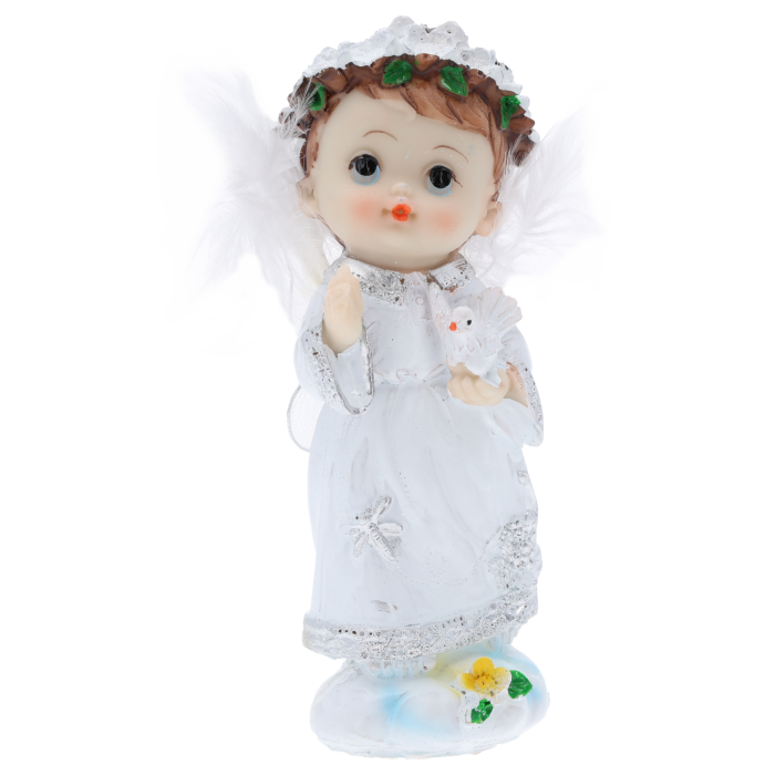aniołek z gołębiem, biały aniołek z gołębiem, aniołek komunijny z gołębiem, figurka anioła z gołębiem, pamiątka komunii aniołek, prezent na chrzest aniołek, dekoracja anioł z gołębiem, aniołek poliresin gołąb, aniołek z piórami