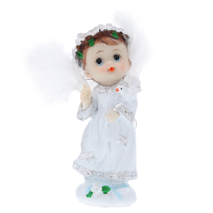 aniołek z gołębiem, biały aniołek z gołębiem, aniołek komunijny z gołębiem, figurka anioła z gołębiem, pamiątka komunii aniołek, prezent na chrzest aniołek, dekoracja anioł z gołębiem, aniołek poliresin gołąb, aniołek z piórami