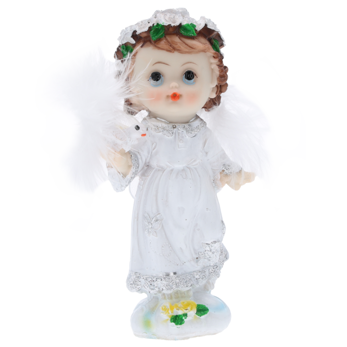 aniołek z gołębiem, biały aniołek z gołębiem, aniołek komunijny z gołębiem, figurka anioła z gołębiem, pamiątka komunii aniołek, prezent na chrzest aniołek, dekoracja anioł z gołębiem, aniołek poliresin gołąb, aniołek z piórami