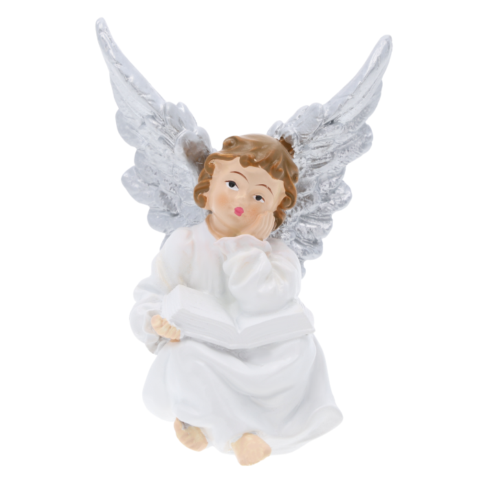 biało-srebrny aniołek z książką, aniołek komunijny z książką, srebrny aniołek z książką, biały aniołek ze srebrem książka, Trend Deco, figurka anioła z książką, pamiątka komunii, prezent na chrzest, nowoczesny aniołek z książką