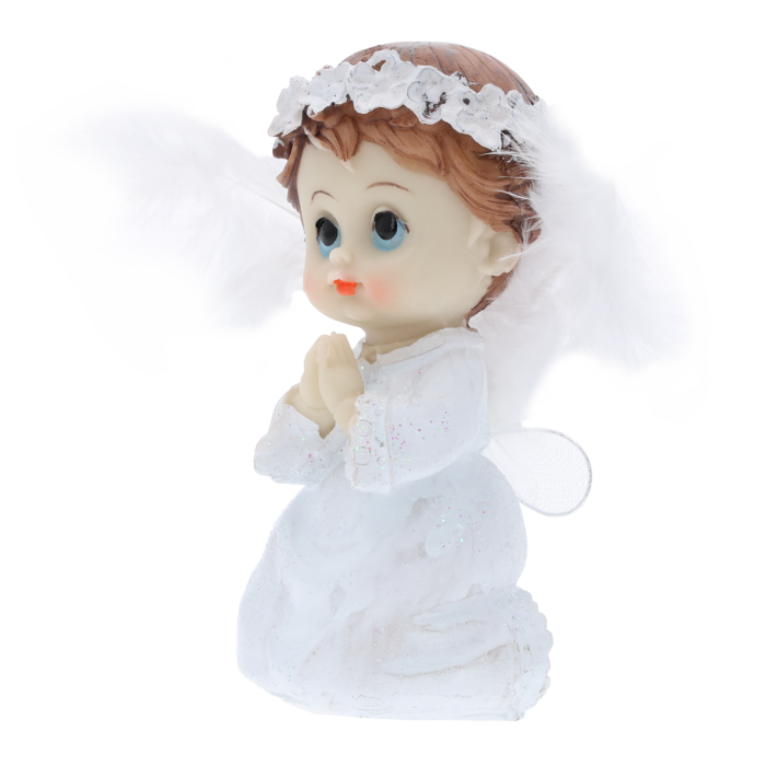 biało-srebrny aniołek chłopiec, aniołek komunijny chłopiec, srebrny aniołek chłopiec, biały aniołek ze srebrem chłopiec, Trend Deco, figurka aniołka chłopca, pamiątka komunii, prezent na chrzest, nowoczesny aniołek chłopiec
