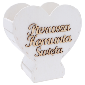 Biały kielich komunijny z drewna o wysokości 22 cm z napisem Pierwsza Komunia Święta. Dekoracja w formie skrzynki na kwiaty.