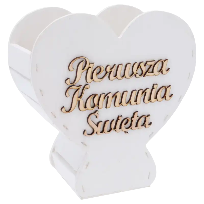 Biały kielich komunijny z drewna o wysokości 22 cm z napisem Pierwsza Komunia Święta. Dekoracja w formie skrzynki na kwiaty.