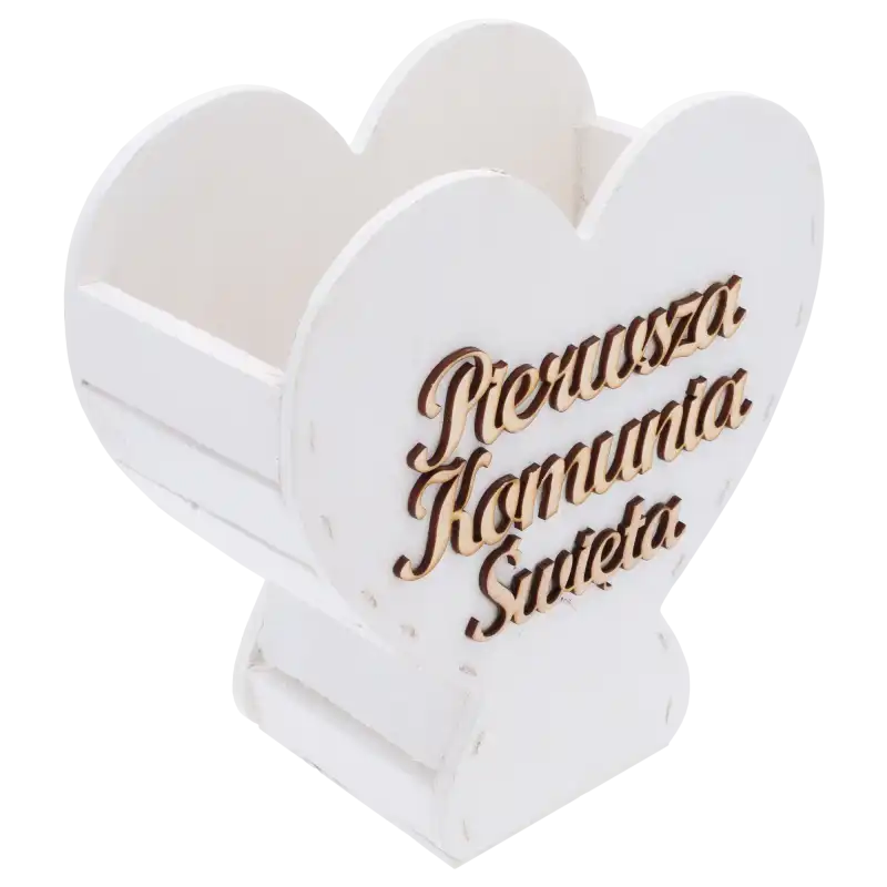 Drewniany kielich w kolorze białym widziany z profilu, podkreślający jego formę przypominającą skrzynkę.