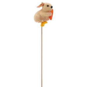 Profilowe ujęcie flokowanego zająca na piku, ukazujące fakturę materiału oraz drewniany patyczek ułatwiający montaż.