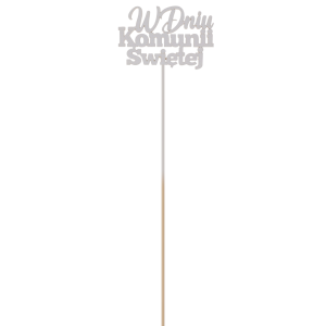 Cały drewniany topper na długim patyczku o łącznej długości 34 cm. Widoczna proporcja napisu względem patyczka mocującego.