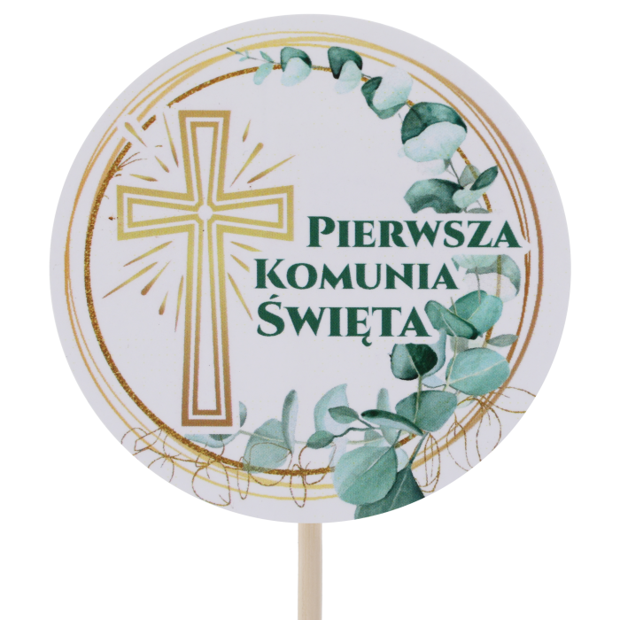 topper komunijny krzyż, napis na piku krzyż, dekoracja komunijna krzyż, pik komunijny krzyż, ozdoba komunijna krzyż na patyku, topper do stroika komunijnego krzyż, topper do bukietu komunijnego krzyż