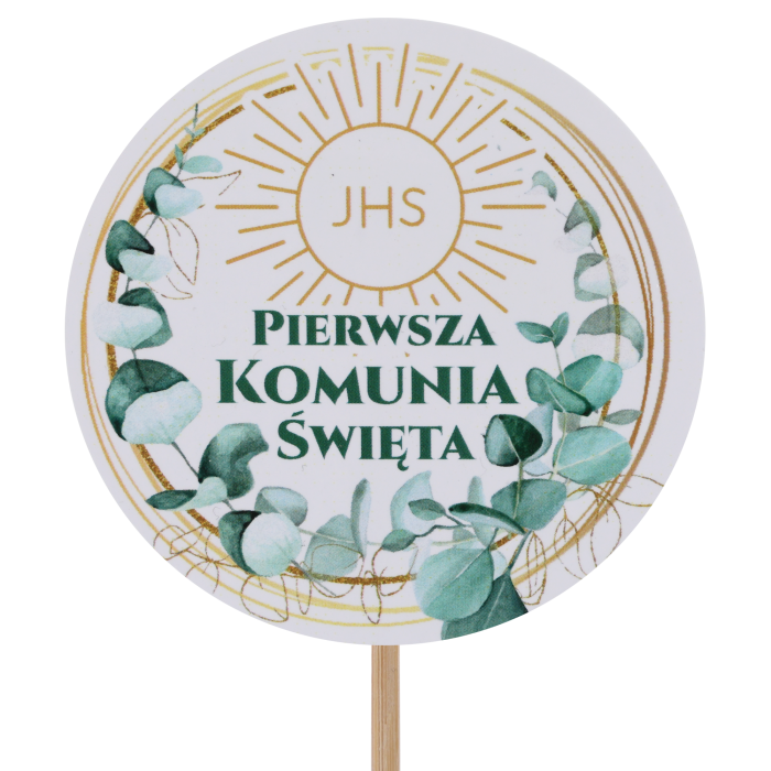 topper komunijny eukaliptus, napis na piku eukaliptus, dekoracja komunijna eukaliptus, pik komunijny eukaliptus, ozdoba komunijna eukaliptus na patyku, topper do stroika komunijnego eukaliptus, topper do bukietu komunijnego eukaliptus