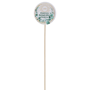 Cały topper komunijny o długości 29 cm na długim piku ułatwiającym stabilne mocowanie w bukietach lub stroikach.