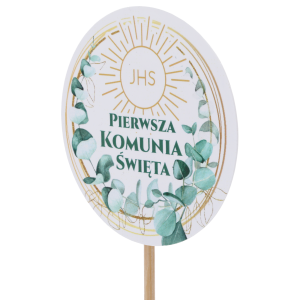 Topper komunijny z eukaliptusem pokazany pod skosem, prezentujący strukturę wzmacnianego papieru z powłoką ochronną.