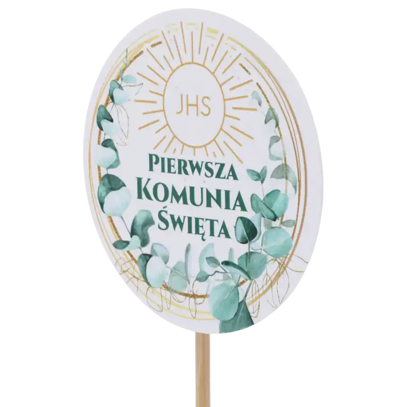 Topper komunijny z eukaliptusem pokazany pod skosem, prezentujący strukturę wzmacnianego papieru z powłoką ochronną.