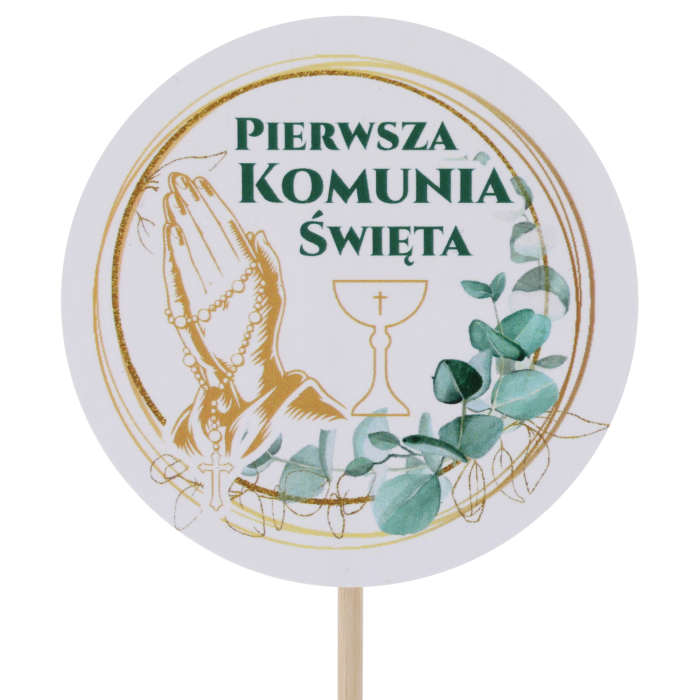 topper komunijny różaniec, napis na piku różaniec, dekoracja komunijna różaniec, pik komunijny różaniec, ozdoba komunijna różaniec na patyku, topper do stroika komunijnego różaniec, topper do bukietu komunijnego różaniec