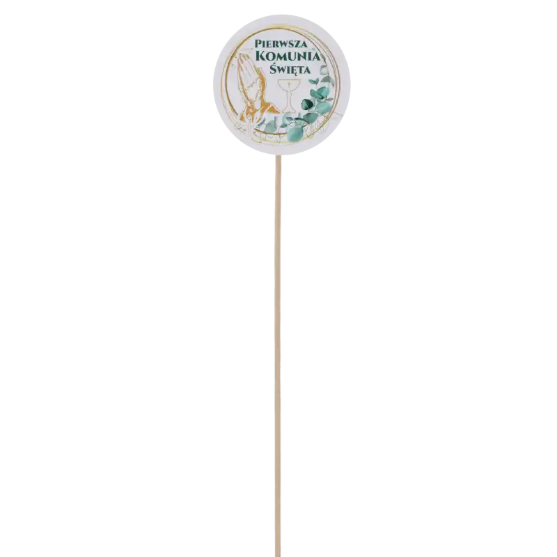 Cały topper komunijny z motywem różańca prezentowany w pełnej wysokości 29 cm na białym tle, pokazujący proporcje między pikiem a ozdobnym elementem.