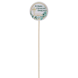 Widok całego toppera komunijnego z Pismem Świętym na długim piku. Dekoracja o wysokości 29 cm przeznaczona do mocowania w bukietach, stroikach oraz kompozycjach.